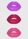 Set of three lips different colors: violet, red, pink.